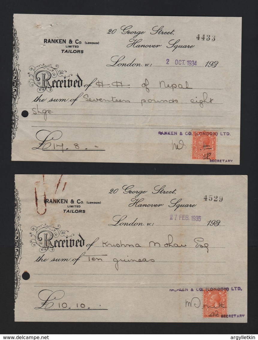 GREAT BRITAIN NEPAL LEGATION KENSINGTON GAMAGES RECEIPTS 1934/35 - United Kingdom