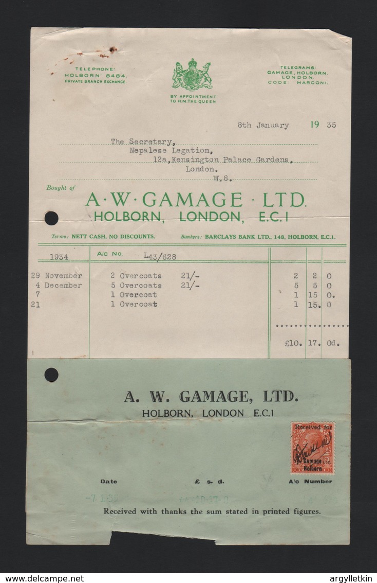 GREAT BRITAIN NEPAL LEGATION KENSINGTON GAMAGES RECEIPTS 1934/35 - United Kingdom