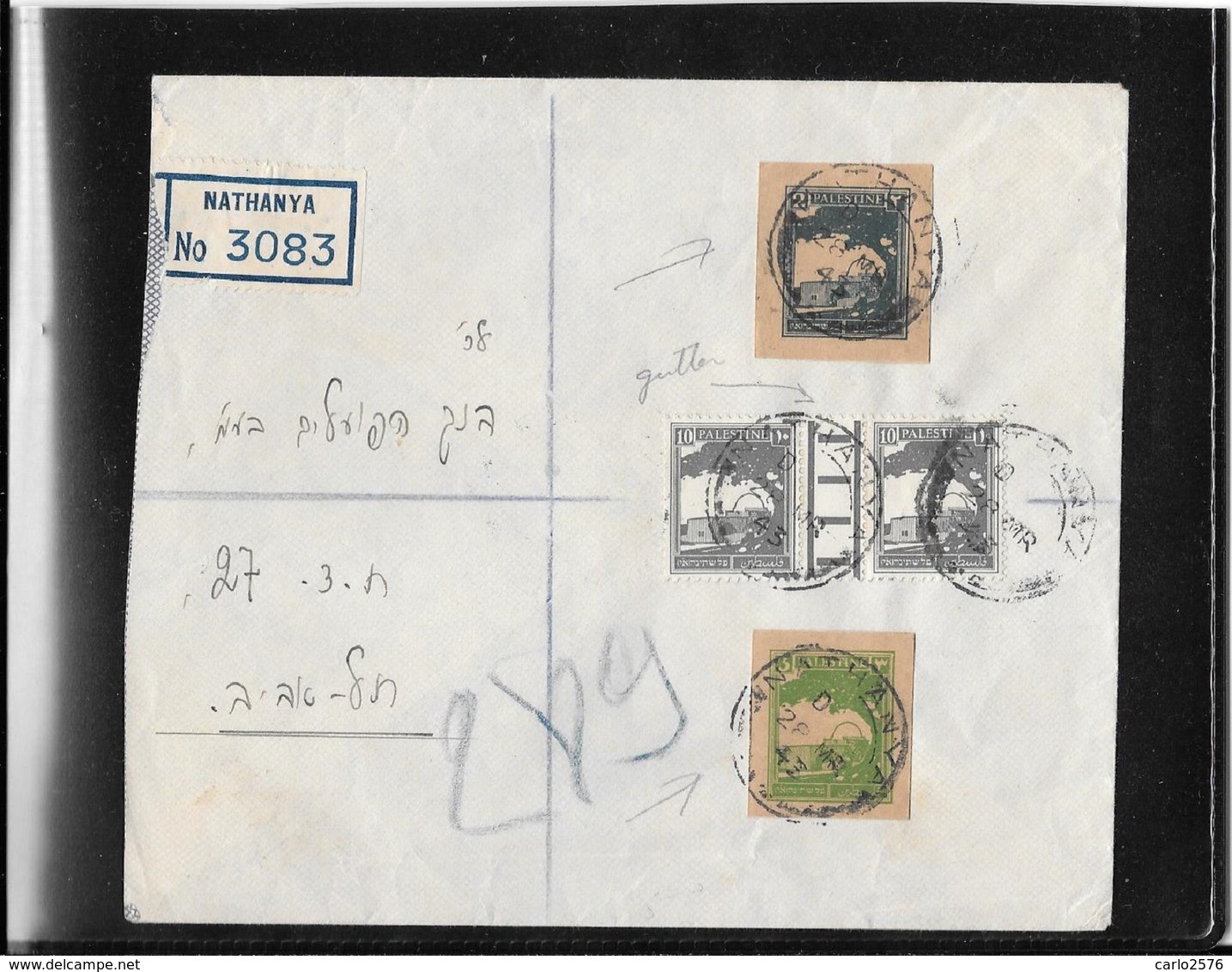 Palestine-Israel 1943- Gutter Pair And Cut Out On Registred Cover Nathania To Tel Aviv (ref 546) - Palestina