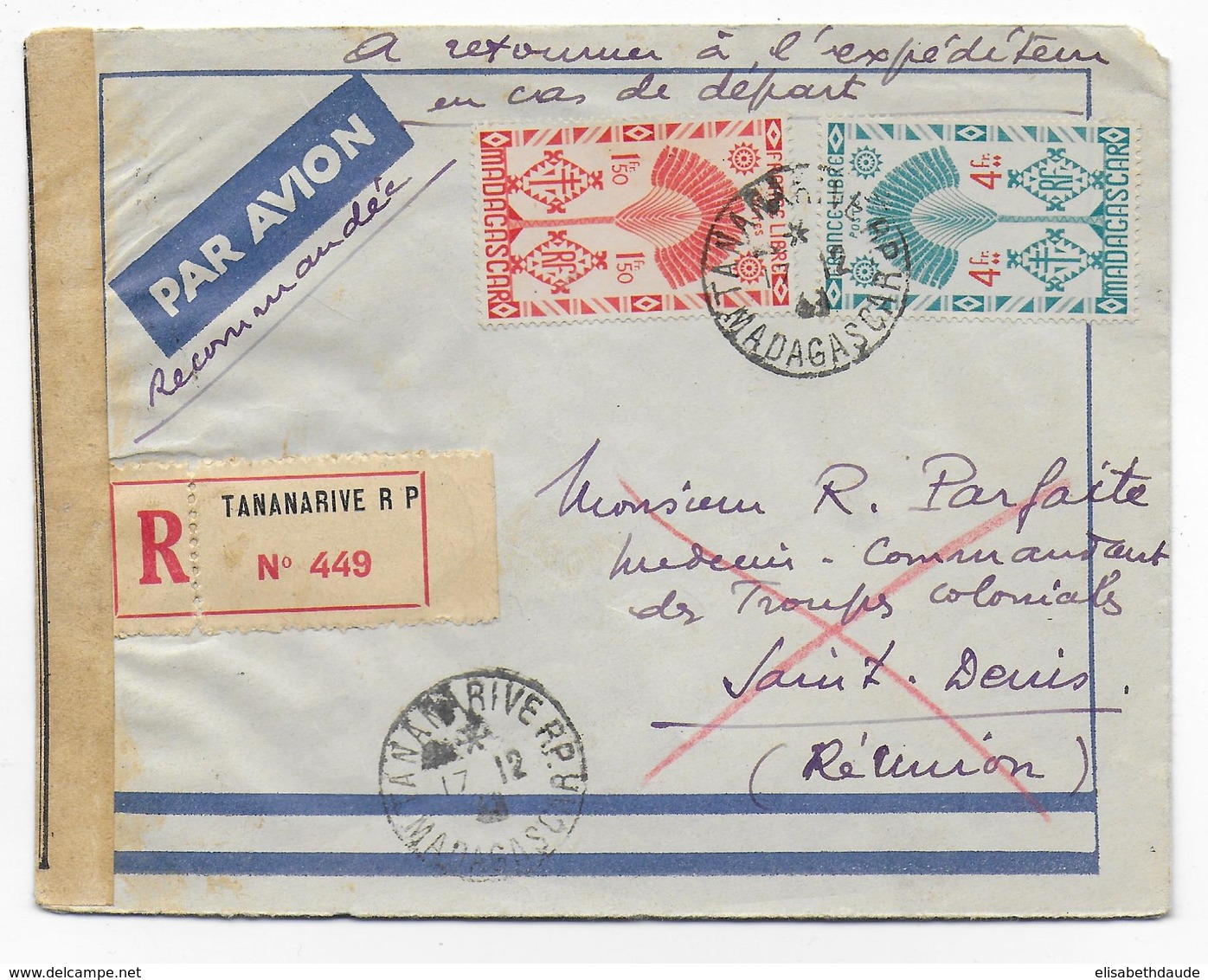 MADAGASCAR - 1943 - ENVELOPPE RECO AVION CENSUREE De TANANARIVE - 1° JOUR REOUVERTURE De La LIGNE AERIENNE => LA REUNION - Cartas & Documentos