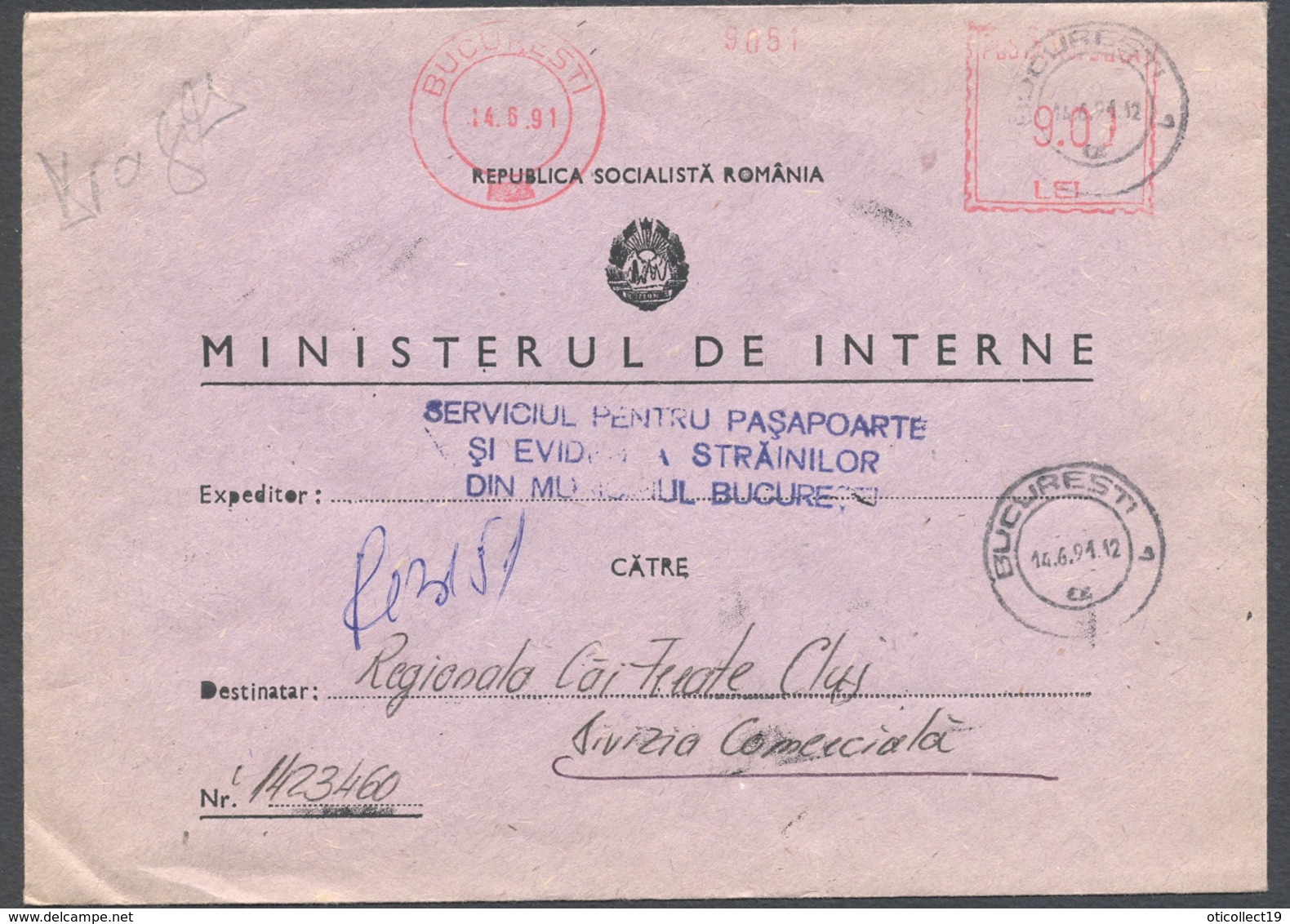AMOUNT 9.01, BUCHAREST, RED MACHINE STAMPS ON MINISTRY HEADER COVER, 1991, ROMANIA - Lettres & Documents