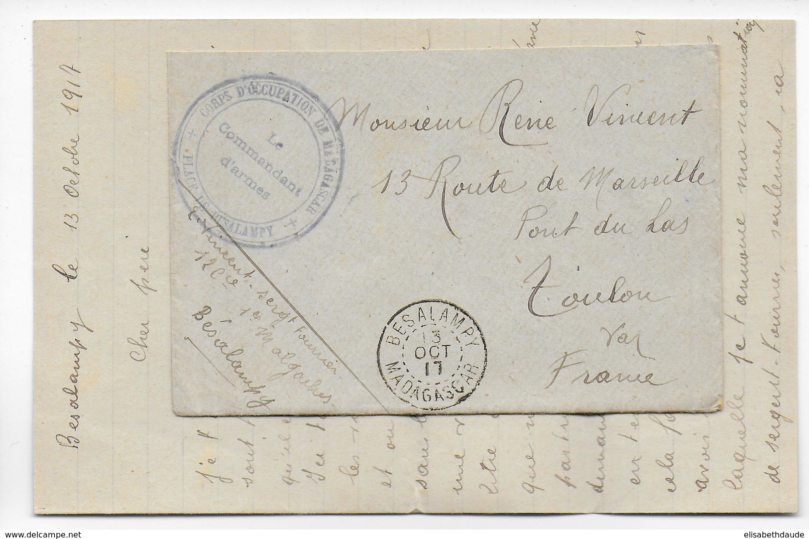 MADAGASCAR - 1917 - LETTRE FM De La PLACE De BESALAMPY RARE ET SUP ! => TOULON - Covers & Documents