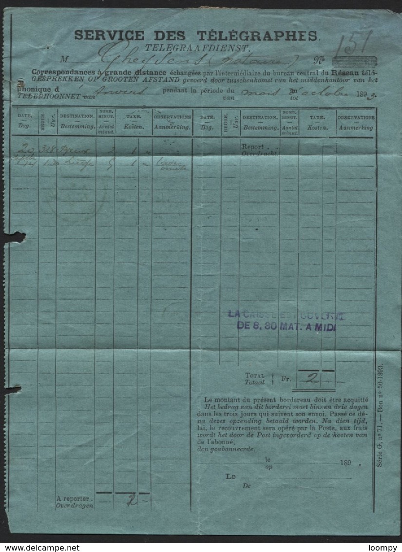 Document Des Téléphones Cachet Ovale BUREAU CENTRAL DES TELEPHONES ANVERS Vers La Ville 1893. Antwerpen - Timbres Télégraphes [TG]