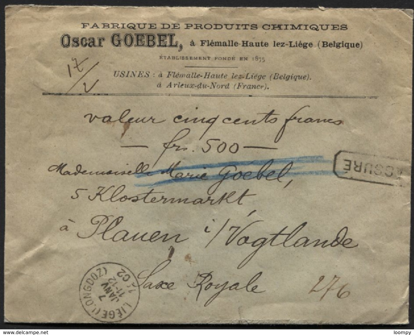 Fine Barbe N°56-59-61(2) Obl. LIEGE (LONGDOZ) S/lettre En Double Port ASSURE Pour 500fr Vers L'All. TB - 1893-1900 Thin Beard