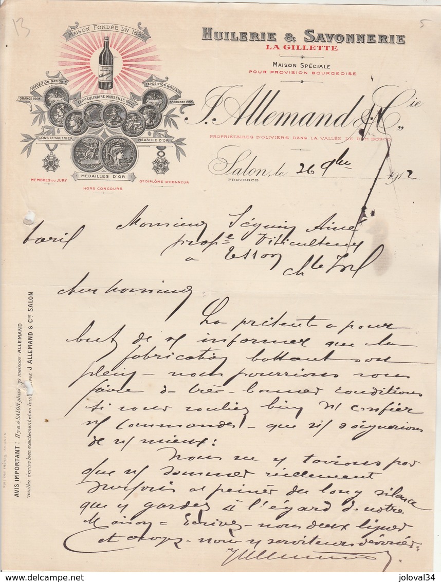 Facture Lettre Illustrée 26/11/1912 ALLEMAND Huilerie Savonnerie La Gillette SALON Bouches Du Rhône - Seguin Tesson 17 - 1900 – 1949