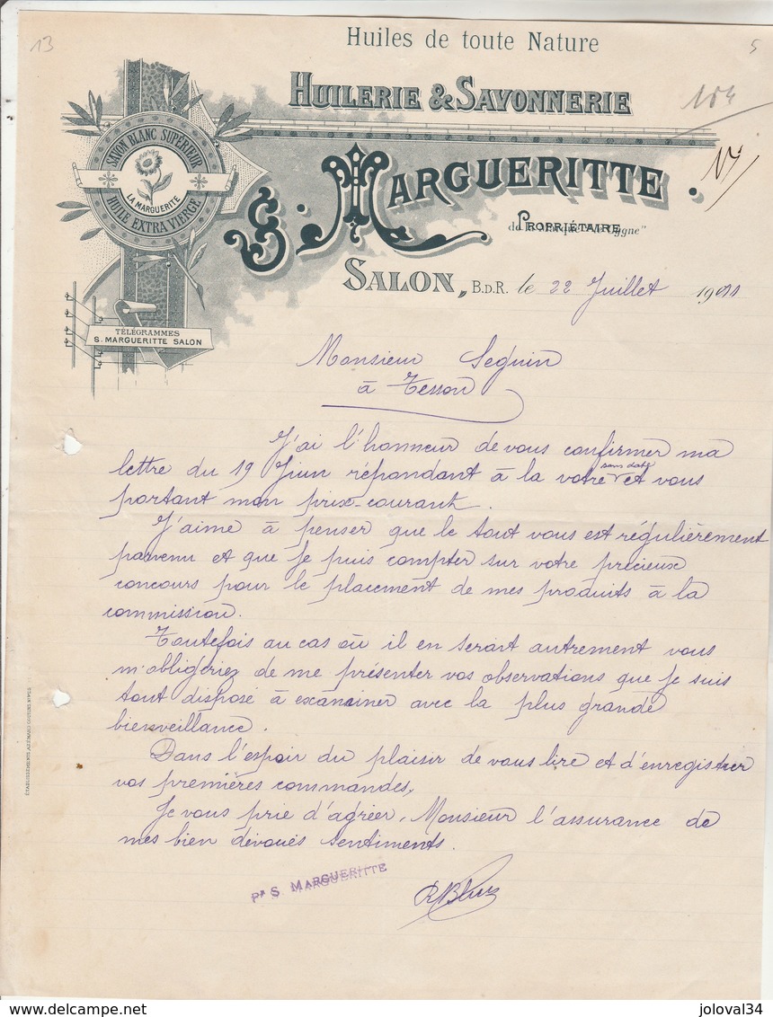 Facture Lettre Illustrée 22/7/1911 MARGUERITTE Huilerie Savonnerie SALON Bouches Du Rhône - Seguin Tesson 17 - 1900 – 1949