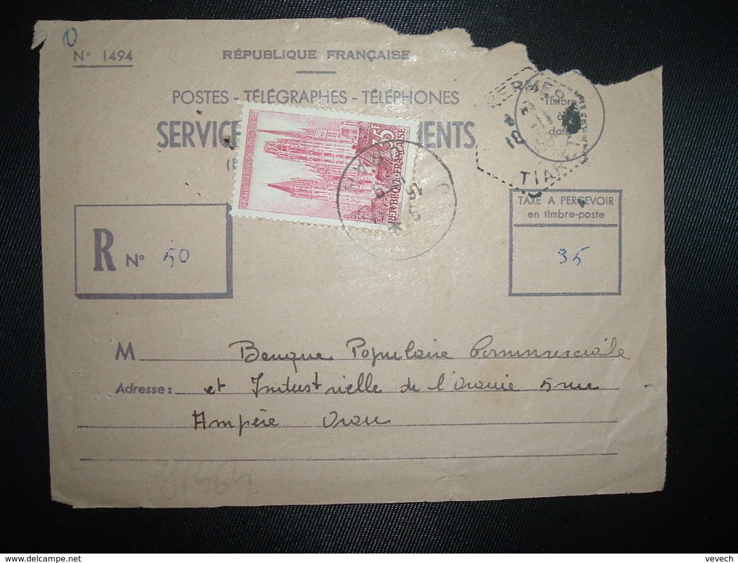 DEVANT PTT SERVICE DES RECOUVREMETS TP ROUEN 35F OBL.16-11 1959 ORAN RP ORAN + OBL. HEXAGONALE Tiretée ...KERMES TIARET - Lettres & Documents