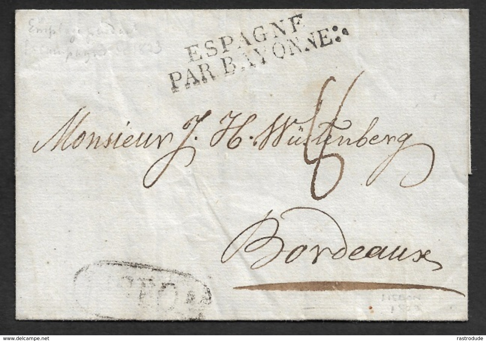 1823 - LAC - LISBONNE , Portugal A BORDEAUX - ESPAGNE PAR BAYONNE - Marque LISBOA - ...-1853 Prephilately