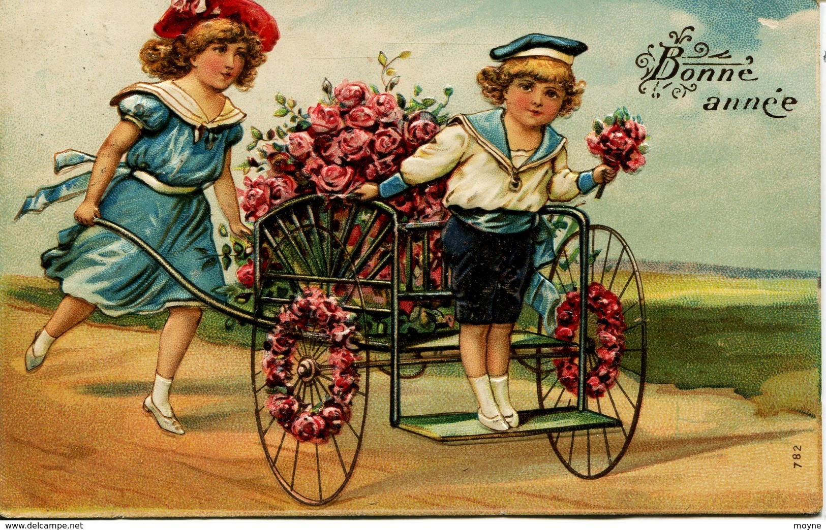 13190  -   Bonne Année - ENFANTS  AU CHARIOT DE FLEURS   En Relief - Gaufrée - Embossed - Prage - Circulée En 1907 - Autres & Non Classés