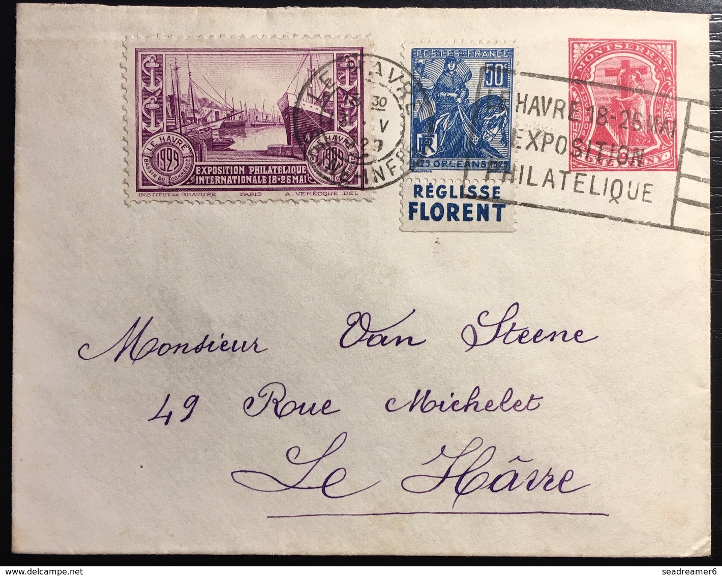 Montserrat Cover Entier Mixte 1penny Rouge + Jeanne D'arc France N°257 + Vignette De L'expo Du Havre De 1929 - Montserrat