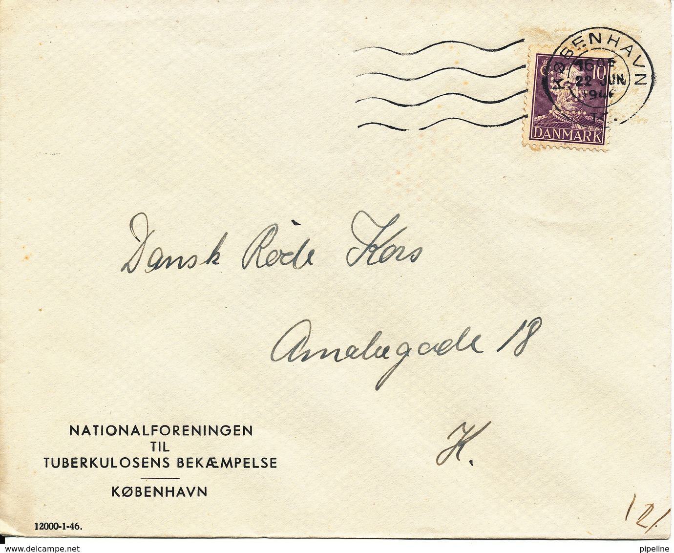 Denmark Cover Copenhagen 22-6-1946 Single Franked PERFIN NF (Nationalforeningen Til Tuberkulosens Bekæmpelse) - Covers & Documents