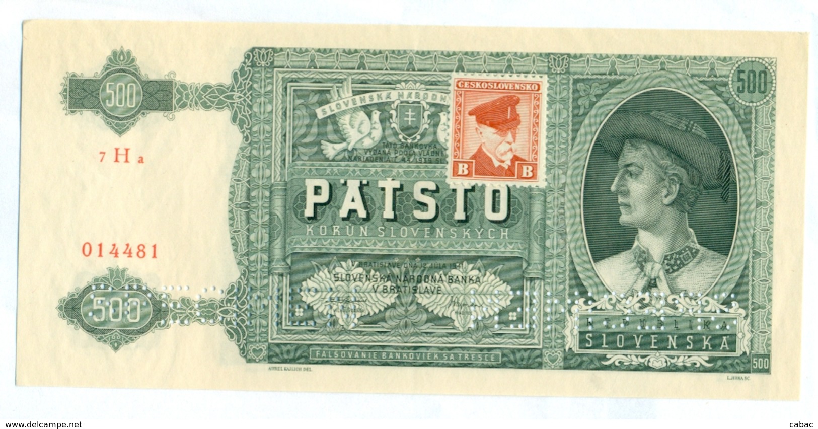 Slovakia 500 Korun 1941 SPECIMEN, Slovaquie,Slovacchia, Slowakei, Patsto Korun, 7 H A + Stamp, RARE - Slowakije