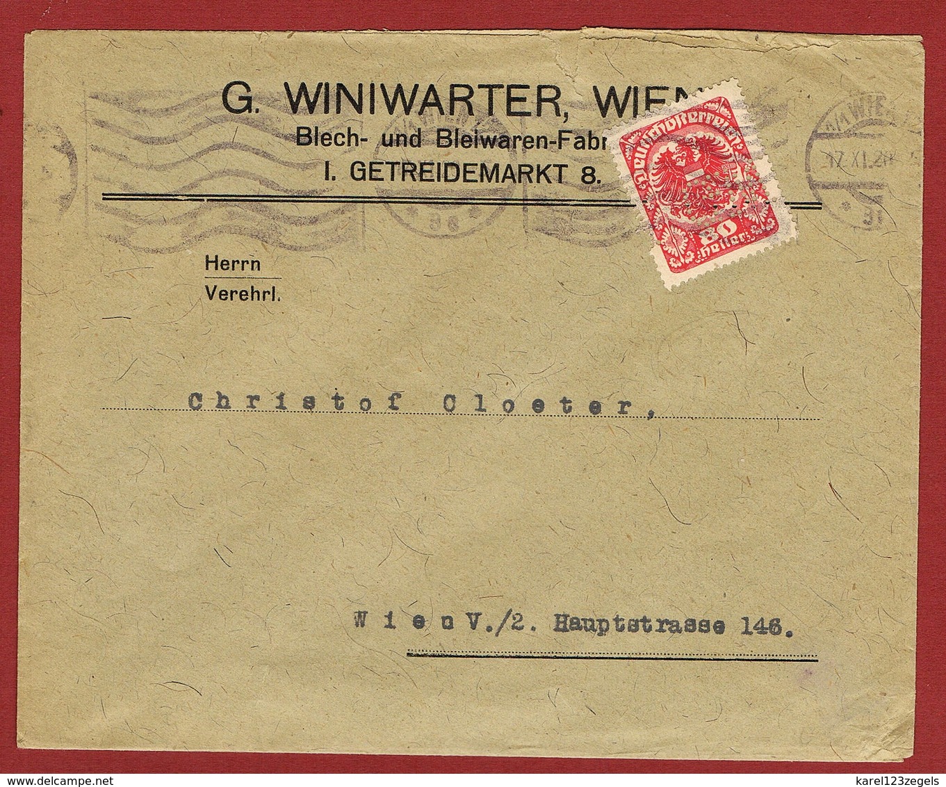 Infla Ab 15/4/1920 Inlandbrief 80 H. Perfin G W (Winiwarter Wien) - Covers & Documents