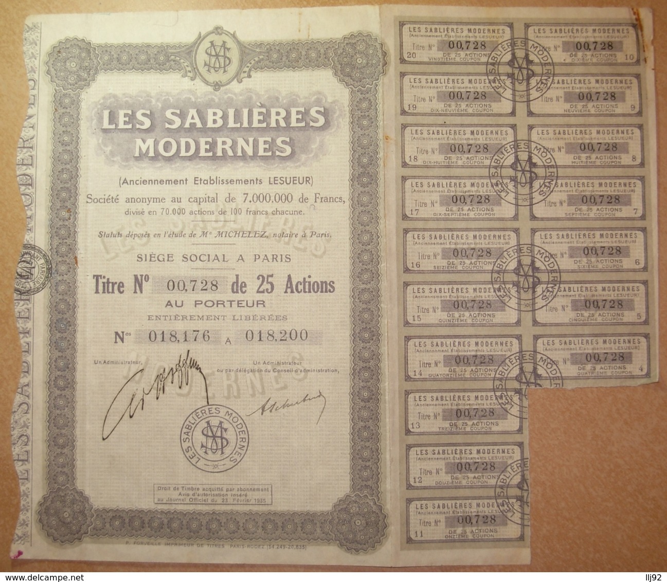 Titre Les Sablières Modernes - Titre De 25 Actions Au Porteur 1935 Manque 3 Coupons - Mines