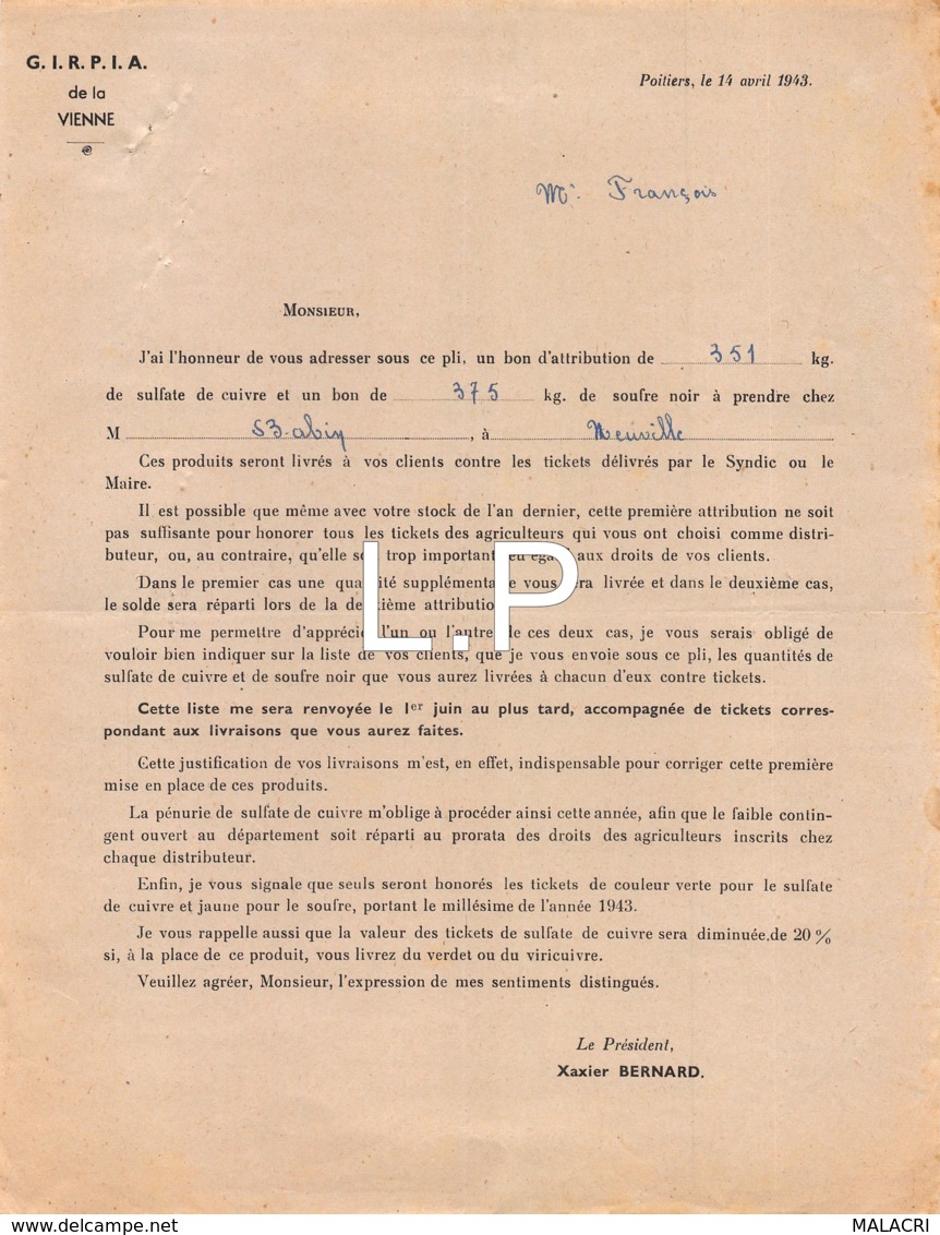 7-0363    FACTURE  1943 GIRPIA DE LA VIENNE A POITIERS - M. FRANCOIS - 1900 – 1949