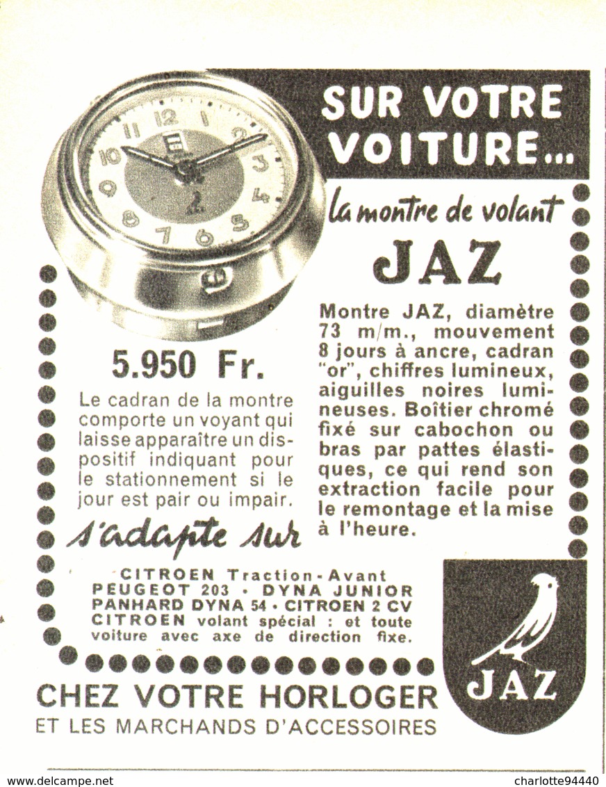 PUB REVEIL  " MONTRE De VOLANT " De " JAZ "  1955 - Alarm Clocks