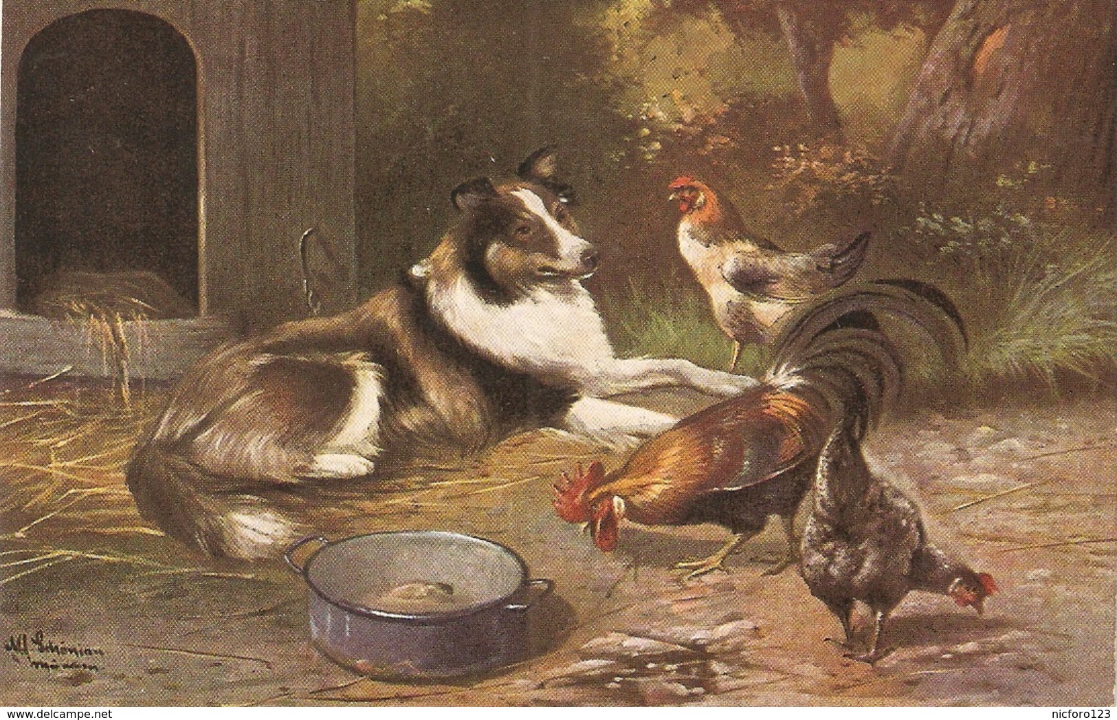 "Dogs And Poultry" Tuck Oilette Farm Yards Friends Ser.PC # 3532. Artist Signed - Tuck, Raphael