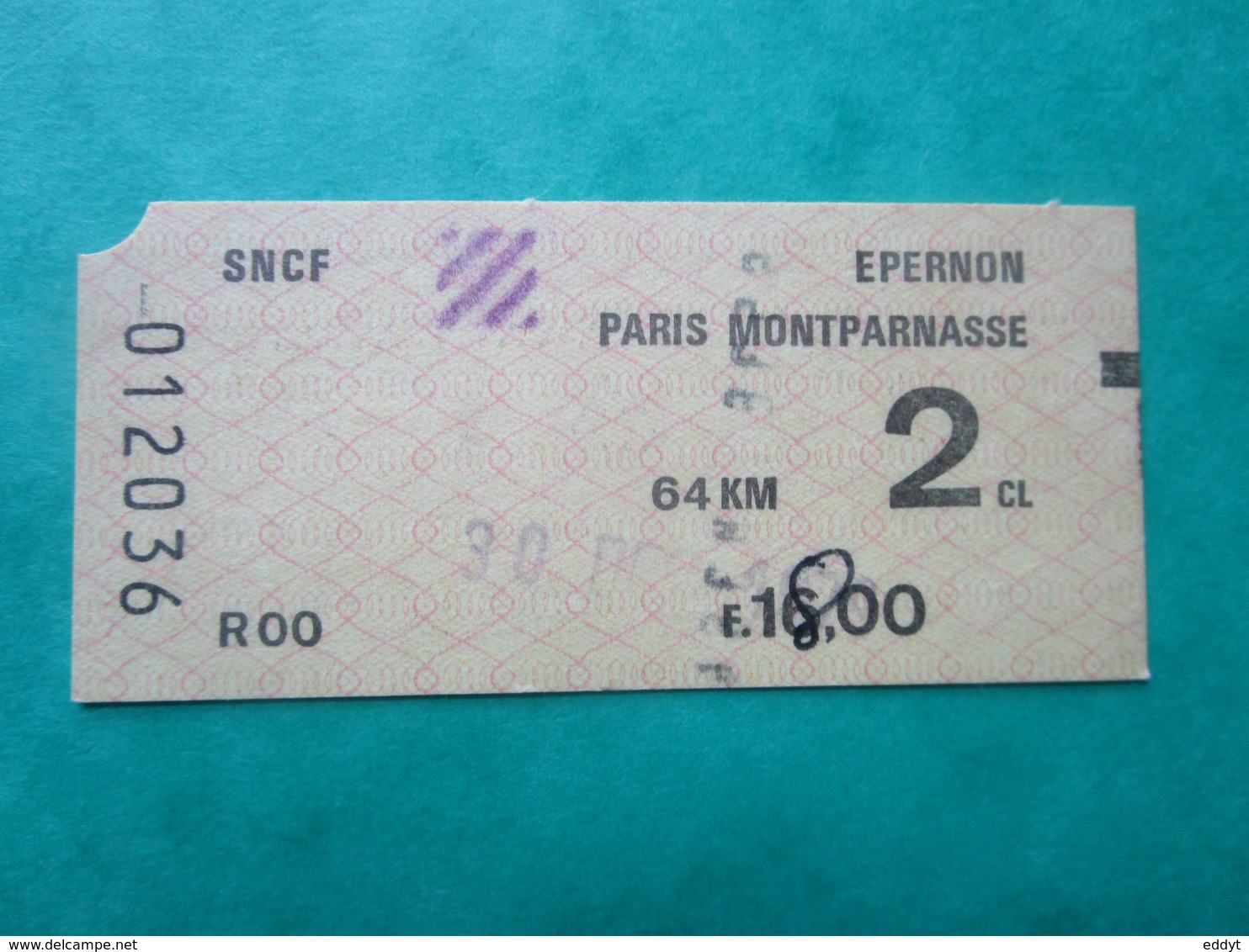 TICKET  SNCF RATP RER Métro -  PARIS Montparmasse - EPERNON - 2 Classe TBE - Monde