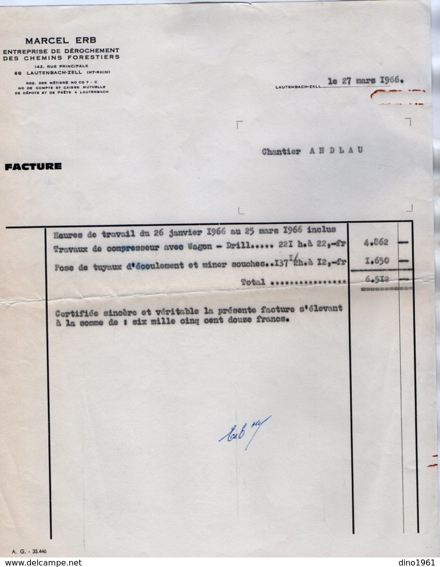 VP14.449 - Facture - Entreprise De Dérochement Des Chemins Forestiers Mr M. ERB à LAUTENBACH - ZELL - Chantier ANDLAU - Agriculture