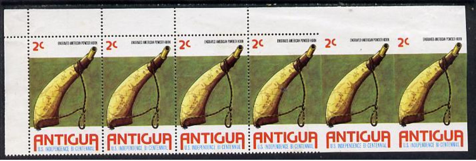 Antigua 1976 USA Bicentenary 2c (Powder Horn) Horiz Strip Of 6 With Last 2 Stamps Completely Imperf, Few Wrink... - Antigua And Barbuda (1981-...)