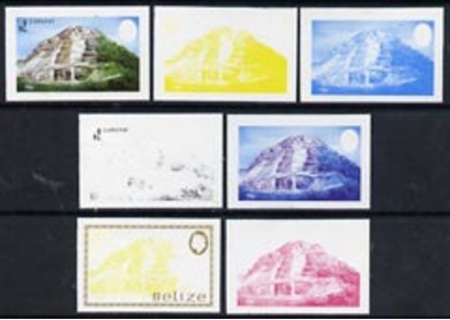 Belize 1983 Maya Monuments $2 (Lamanai) X 7 Imperf Progressive Proofs Comprising The 4 Main Individual Colours... - Belize (1973-...)