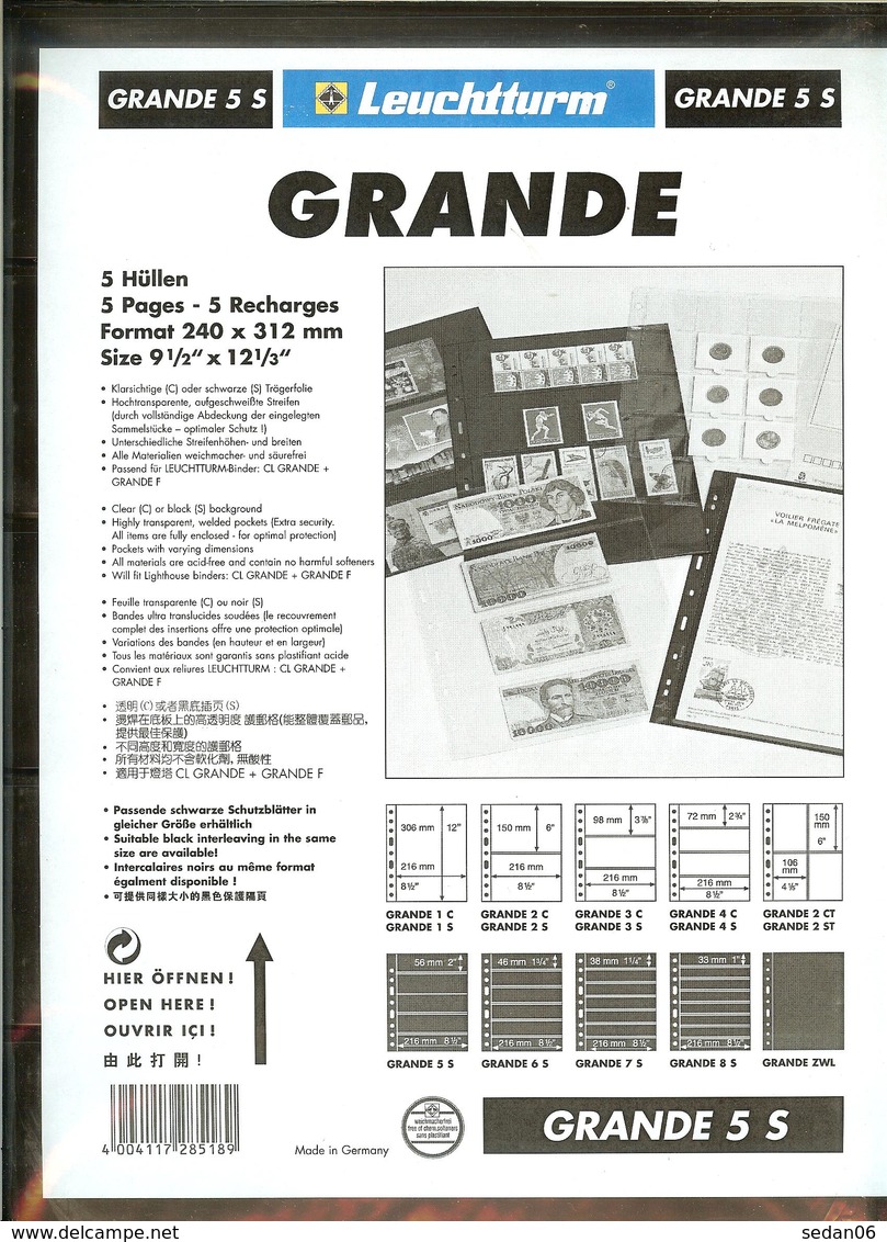 LEUCHTTURM - Feuilles GRANDE 5 S - 5 BANDES Fond Noir - A Bandes