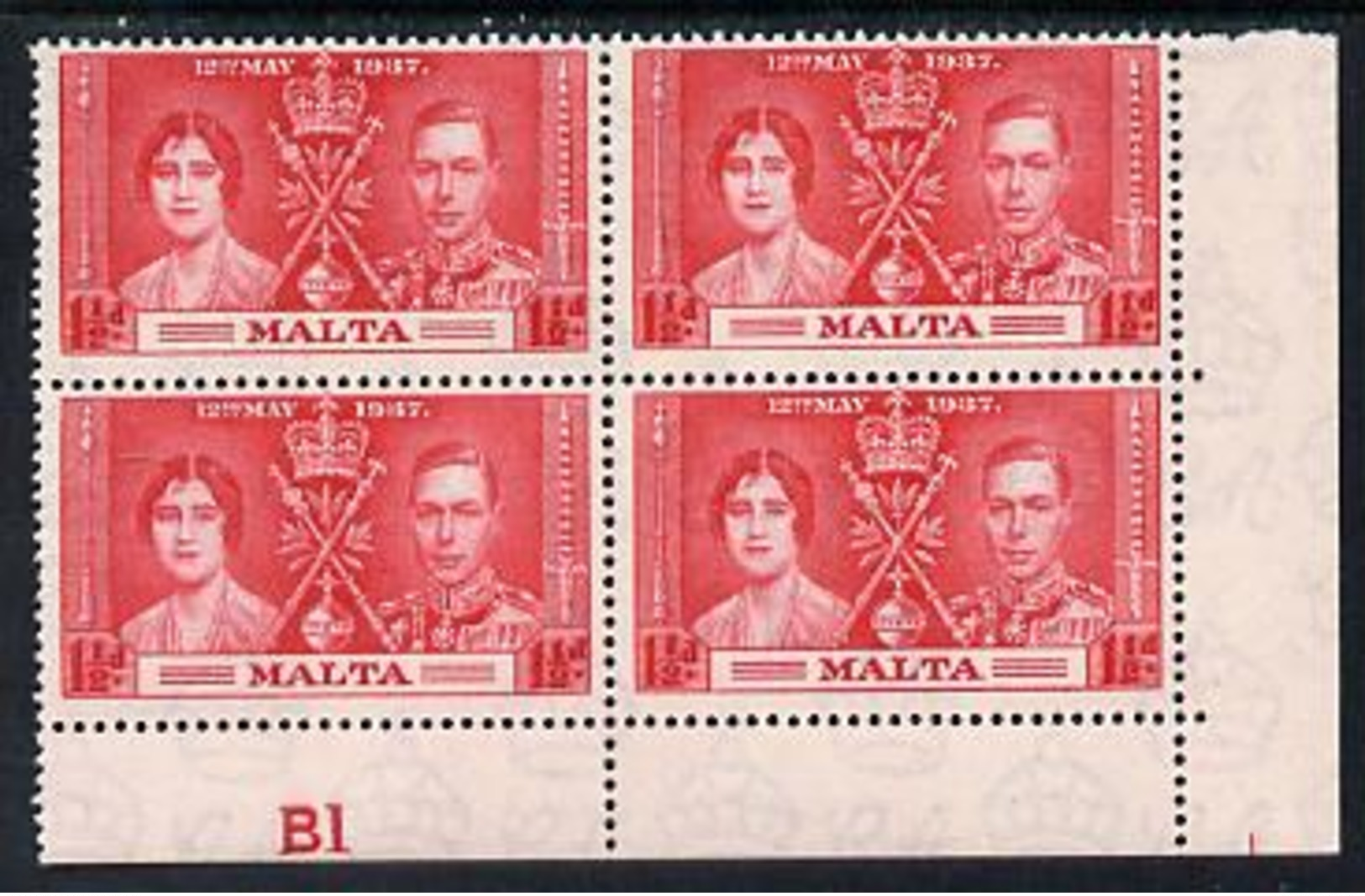 Malta 1937 KG6 Coronation 1.5d Corner Plate Block Of 4 (plate B1) Unmounted Mint (Coronation Plate Blocks Are ... - Malta