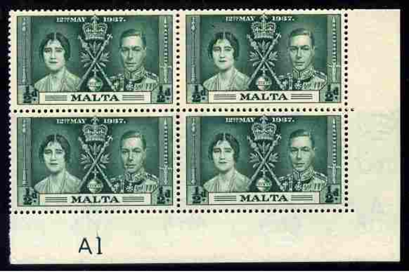 Malta 1937 KG6 Coronation 1/2d Corner Plate Block Of 4 (plate A1) Unmounted Mint (Coronation Plate Blocks Are ... - Malte