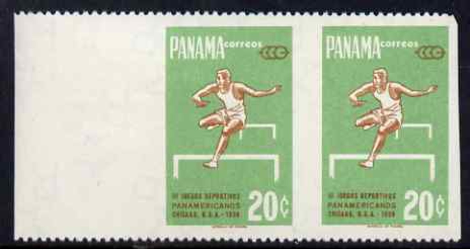 Panama 1959 Pan American Games - 20c Hurdling Marginal Horiz Pair With Vertical Perfs Omitted, Unmounted Mint SG 679var - Panama