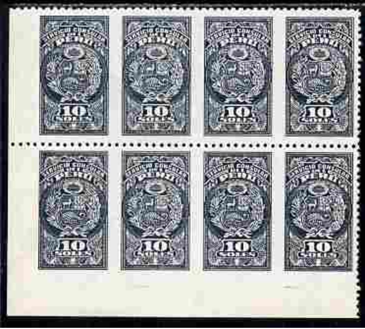 Peru 1890's Consular Service 10 Soles Grey Block Of 8 With Vertical Perfs Omitted, Without Gum - Pérou