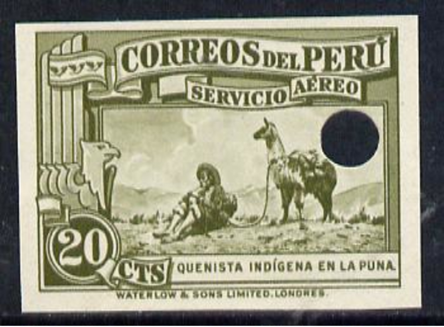 Peru 1937 Pictorial 20c (Recorder Player & Llama) Imperf Colour Proof In Olive With Waterlow & Sons Security P... - Pérou