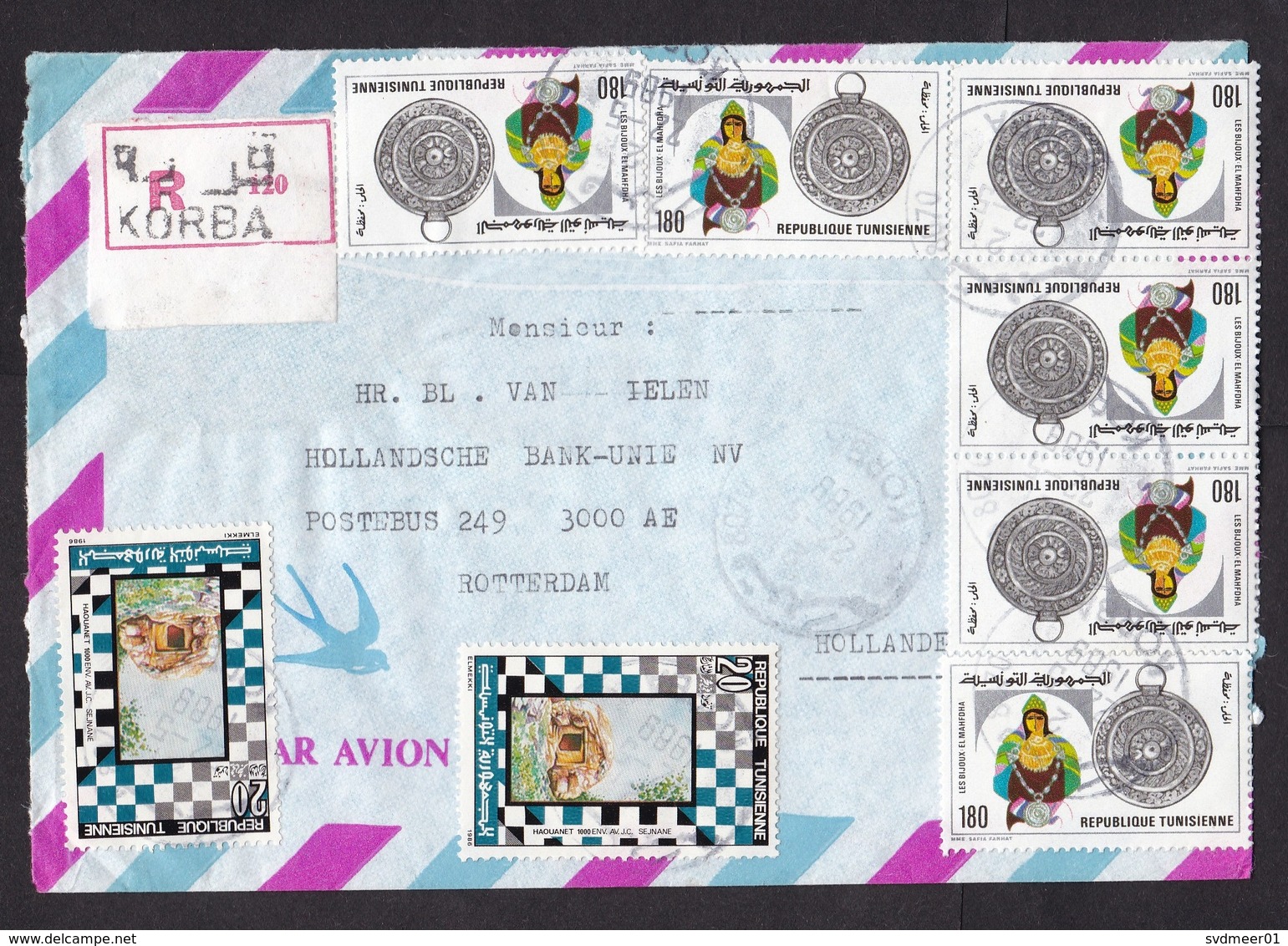 Tunisia: Registered Airmail Cover To Netherlands, 1988, 8 Stamps, Medal Jewelry, Improvised R-label Korba (traces Of Use - Tunesië (1956-...)