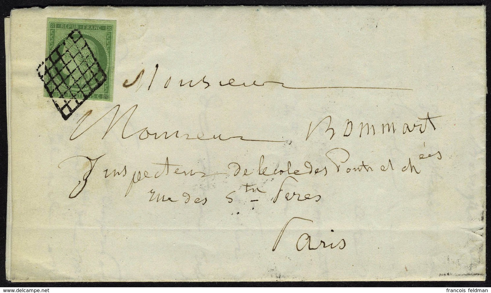 Lettre N° 2b, 15c Vert Foncé, Obl. Grille, Seul Sur L Pour Paris, Au Verso Cachet Levée De 2h1/2 Du Soir, Et Arrivée Par - Autres & Non Classés