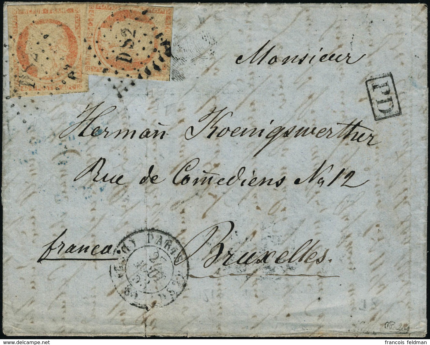 Lettre N°5e. 40c Orange Très Pâle X 2ex S/Lettre Obl. Los DS 2 Romains Et CàD Paris 27 Août 53. Cachet PD Pour Bruxelles - Altri & Non Classificati