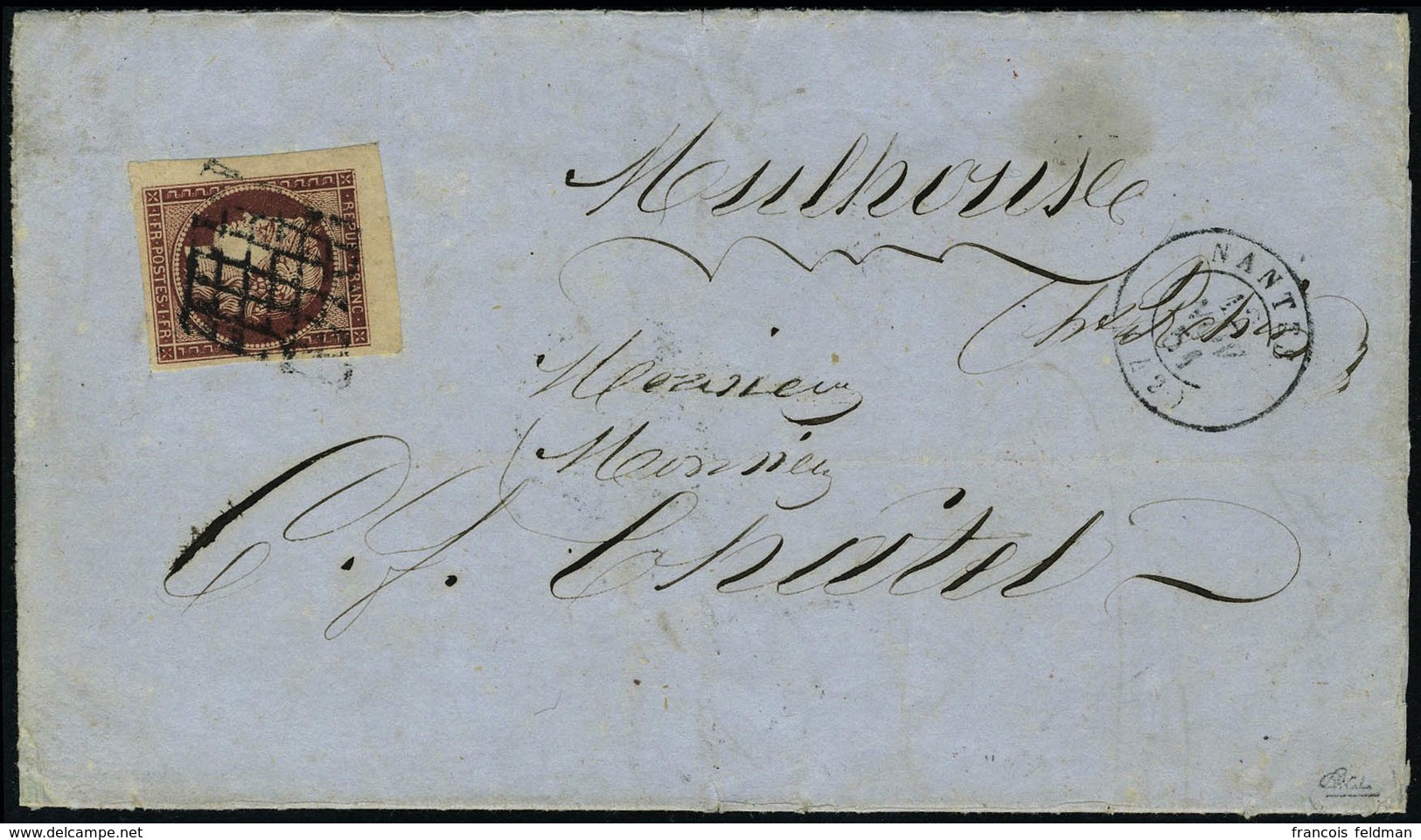 Lettre N° 6B, 1f Carmin Brun, Coin De Feuille Sur L, Superbe, Luxe, Signé Calves - Autres & Non Classés