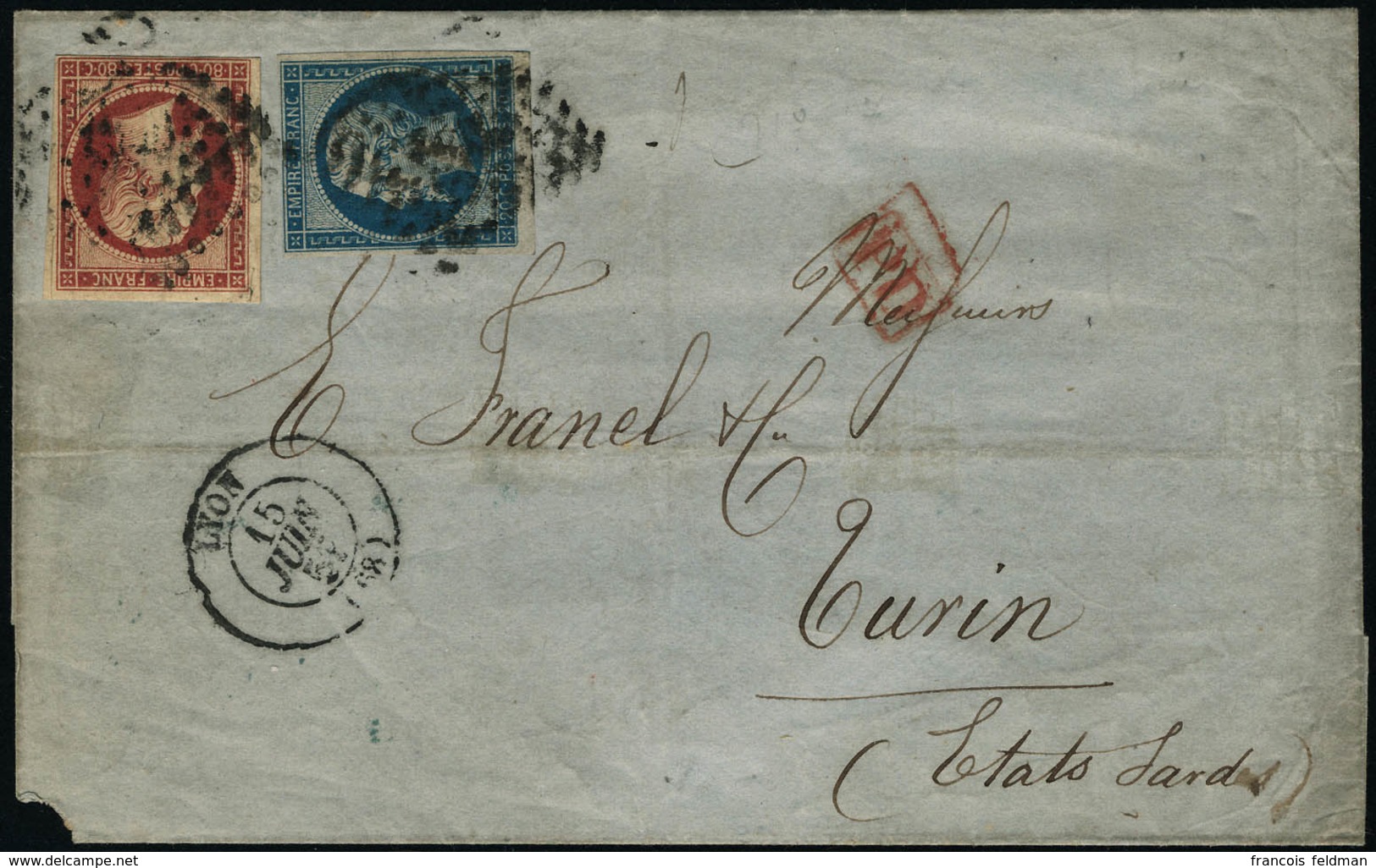 Lettre N° 17A. 80c Vermillonné + N° 14 Double Port Sur Lettre Los PC + CàD Lyon 15 Juin 59. Cachet PD En Rouge. Pour Tur - Sonstige & Ohne Zuordnung