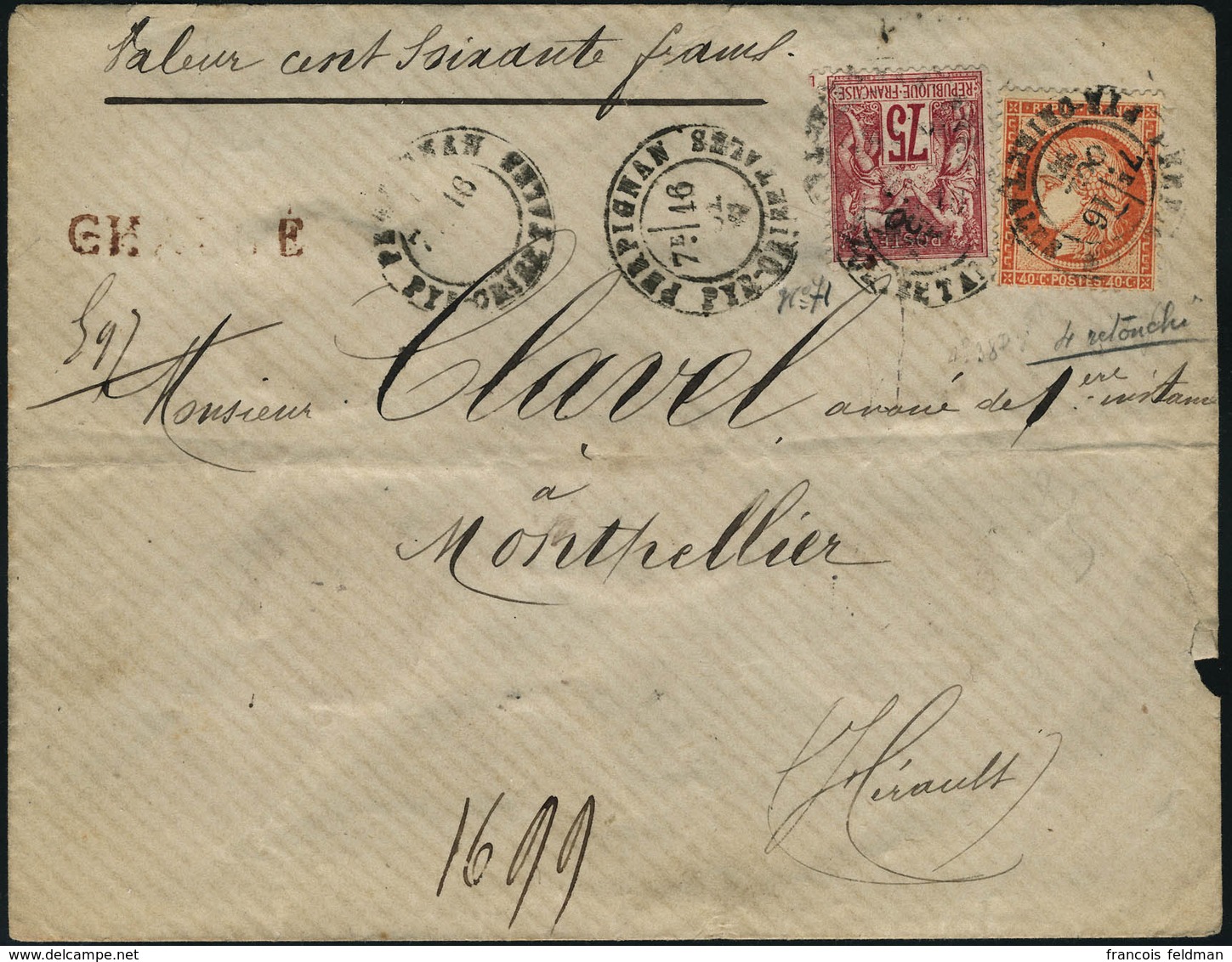 Lettre N° 38d. 40c Variété 4 Large + 75c Sage (N° 71) S/L. Chargée (cachet De Chargement Au Verso) Pour Montpellier, Arr - Sonstige & Ohne Zuordnung