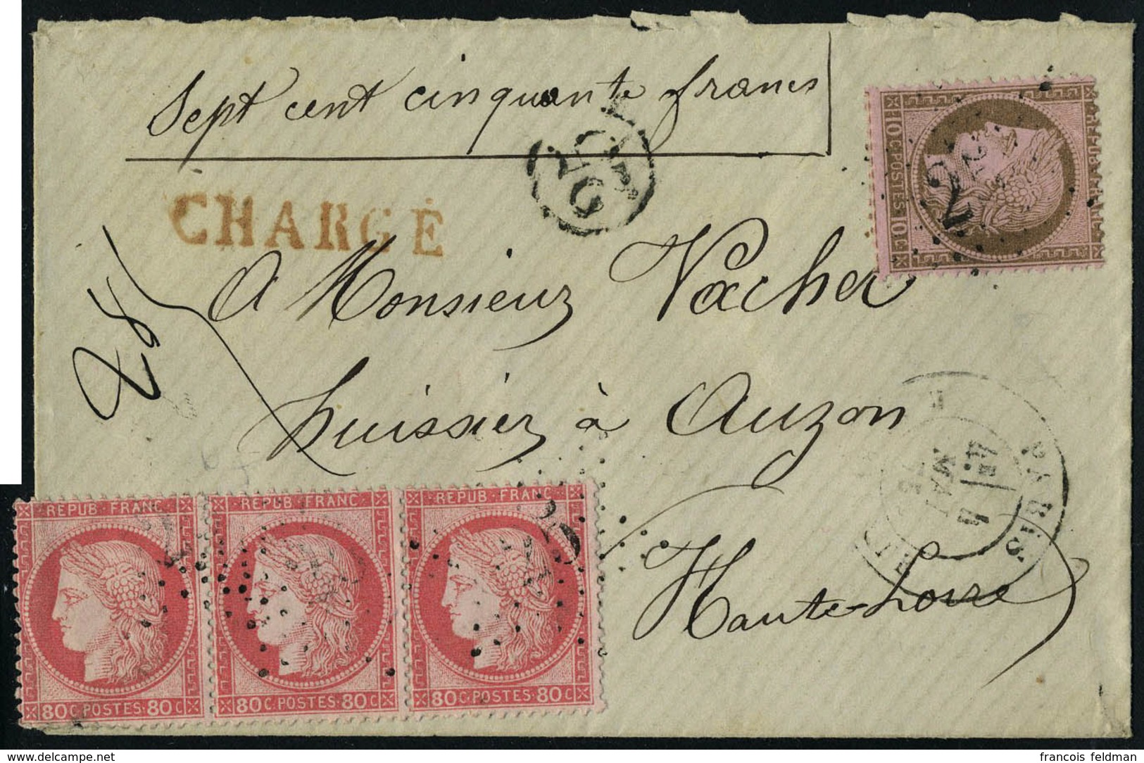 Lettre N° 57, 80c Bande De 3 + N° 54 10c Sur L Chargée Pour Auzon Haute Loire Mai 1875 T.B. - Autres & Non Classés