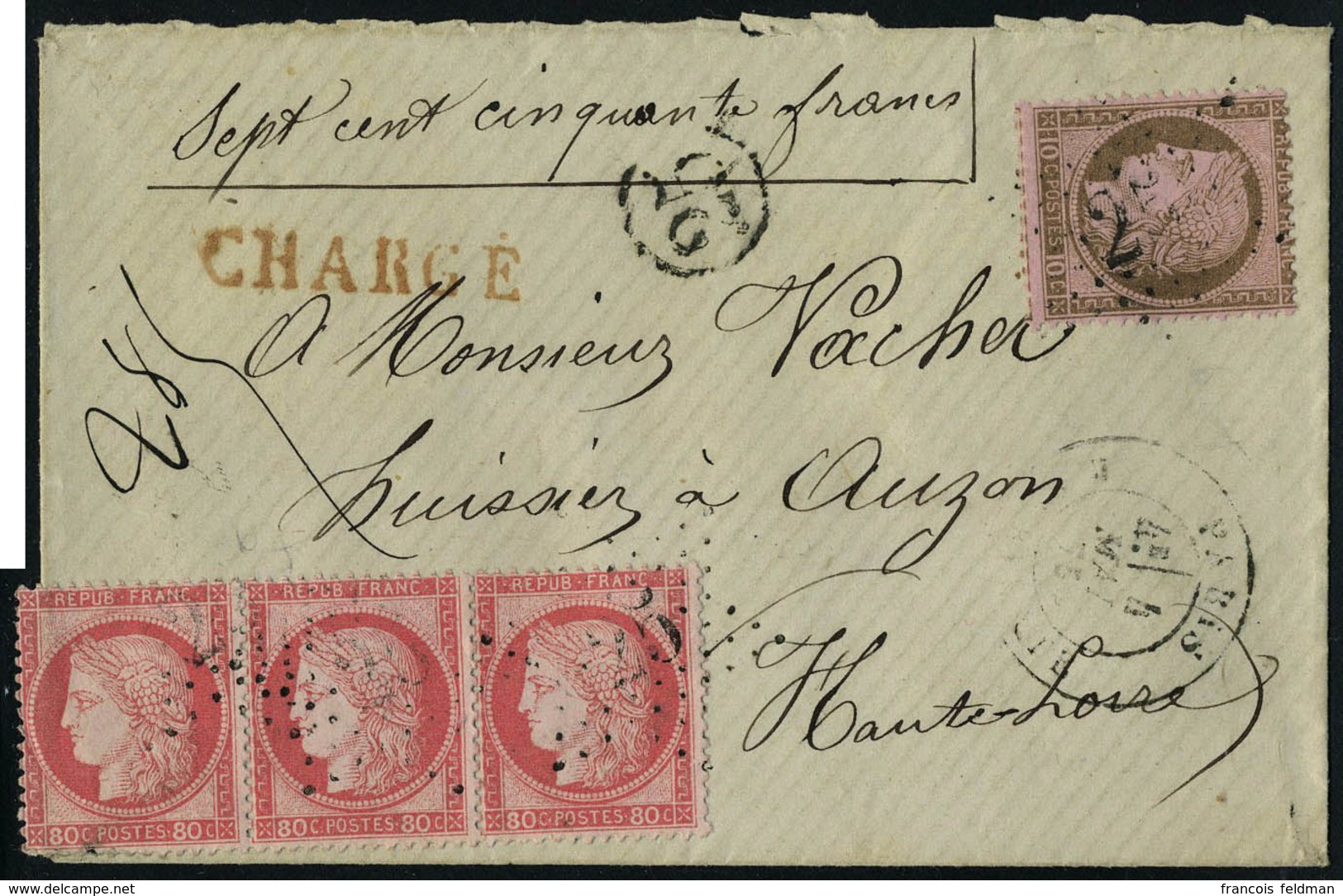 Lettre N° 57, 80c Bande De 3 + N° 54 10c Sur L Chargée Pour Auzon Haute Loire Mai 1875 T.B. - Sonstige & Ohne Zuordnung