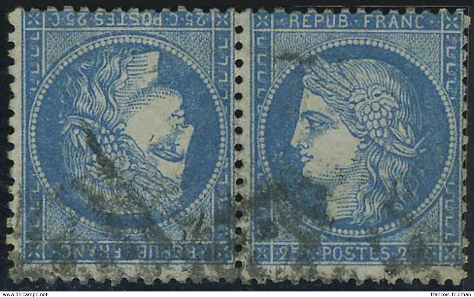 Oblitéré N° 60Ab, 25c Bleu, Paire Horizontale Tête Bêche, T.B. Signé Calves - Altri & Non Classificati