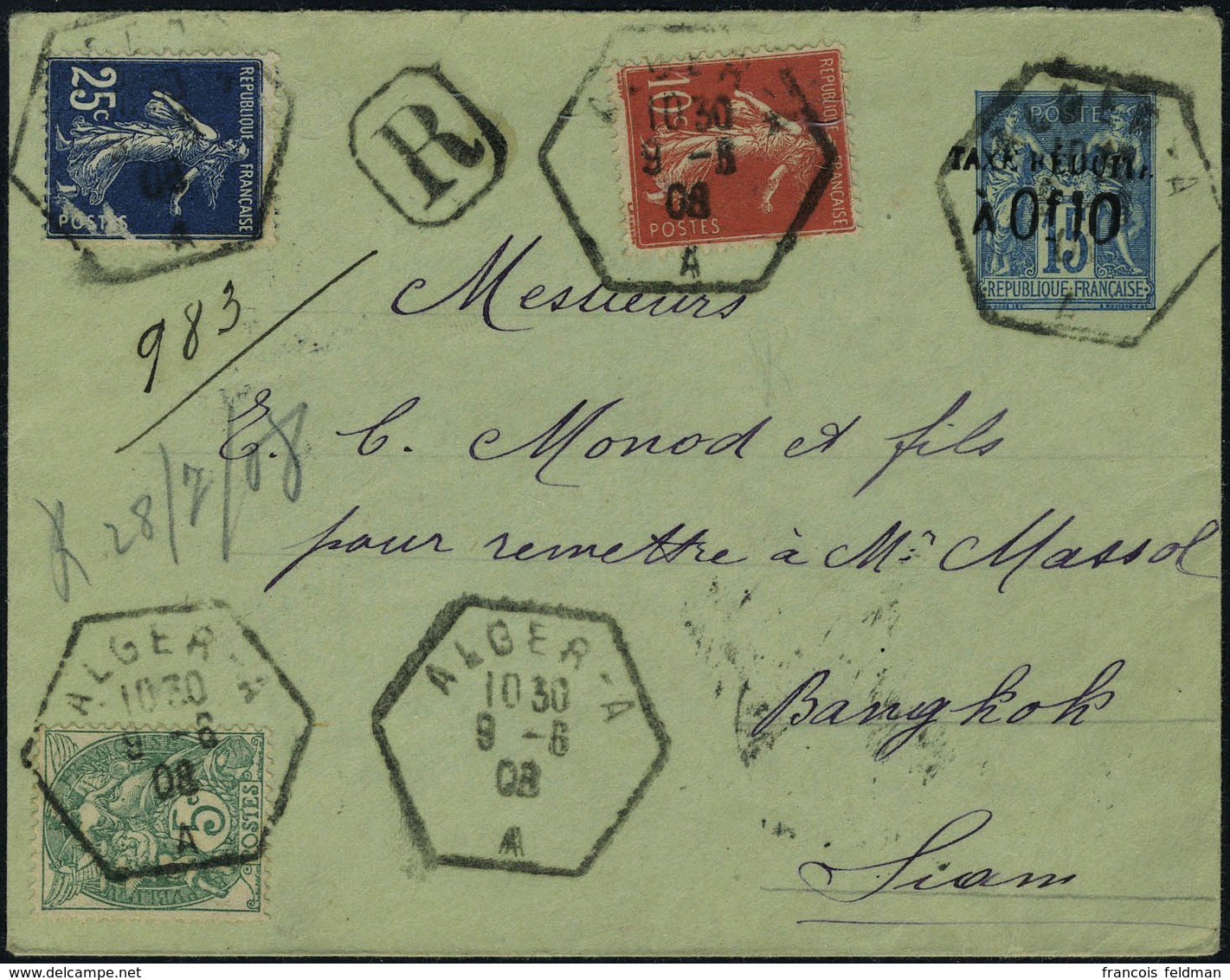 Lettre Entier Postal Recommandé, 15c Bleu Taxe Réduite à 10c + 5c + 10 + 25c, Aff. A 50c Obl Alger 9.6.08, Cachet Octogo - Sonstige & Ohne Zuordnung