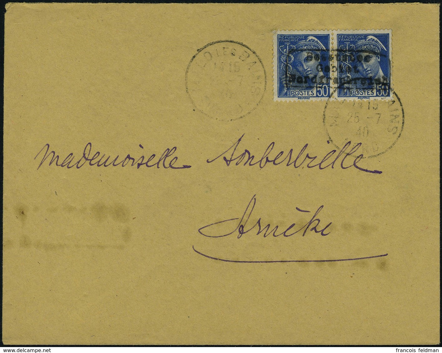 Lettre N° 4, Paire Du 50c Bleu Obl Malo Les Bains 25/7/40 Arrivée Arneke 26.7.40, Michel 500 - Sonstige & Ohne Zuordnung