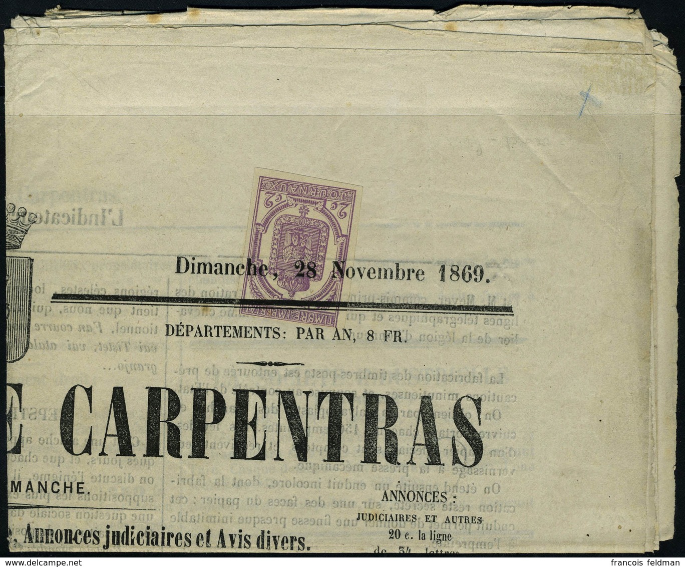 Lettre N° 1, 2c Lilas Obl Sur Journal Entier, L'indicateur De Carpentras 28.11.1869, T.B. Maury - Sonstige & Ohne Zuordnung