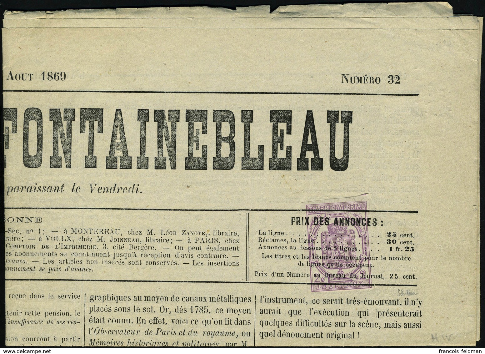 Lettre N° 1, 2c Lilas Obl Sur Journal Entier L'Abeille De Fontainebleau, 13 Aout 1869, T.B. Maury - Sonstige & Ohne Zuordnung