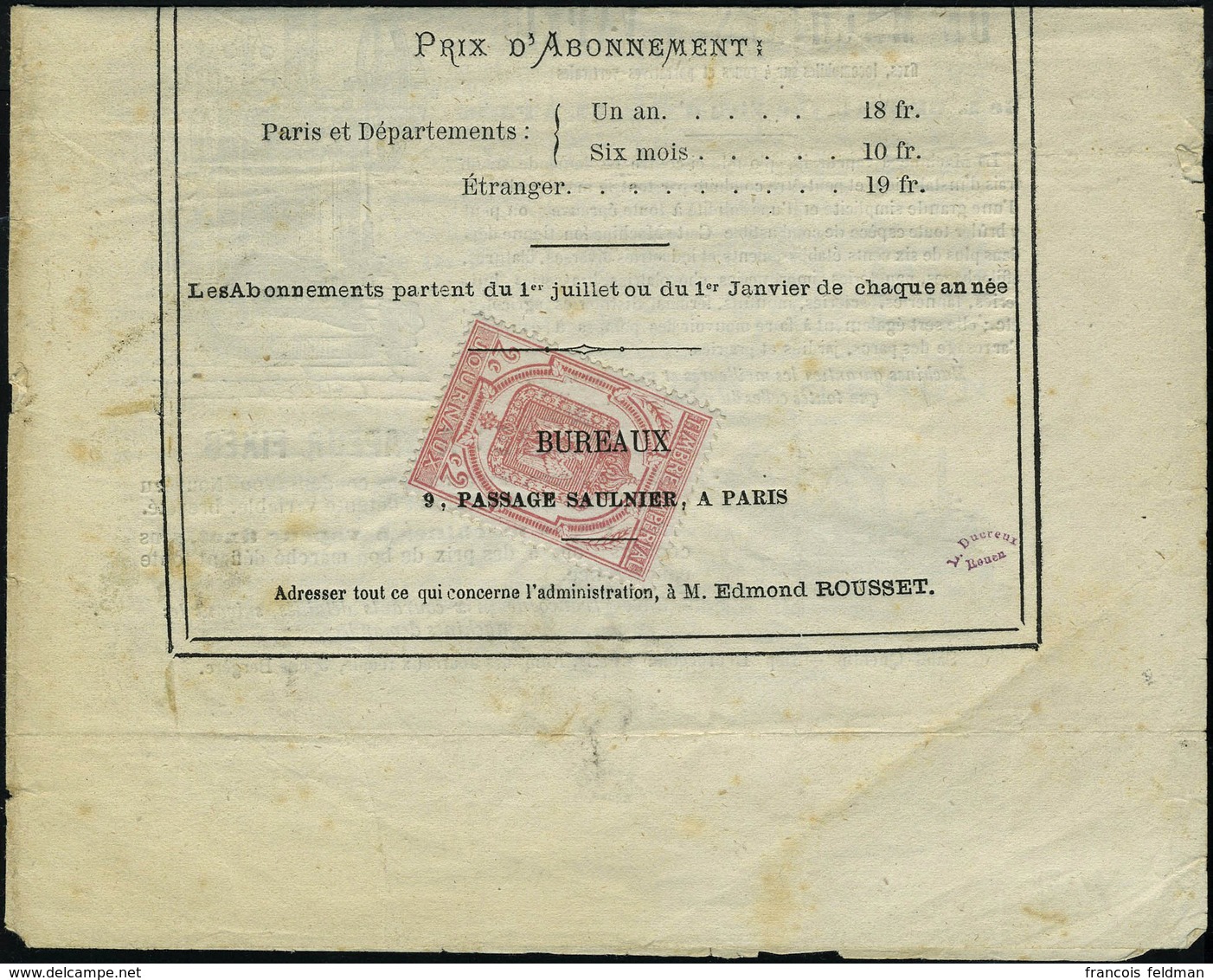 Lettre N° 9, 2c Rose Obl Sur Journal Entier Moniteur Des Fils, Tissus ...    L'année 1869, T.B. - Sonstige & Ohne Zuordnung