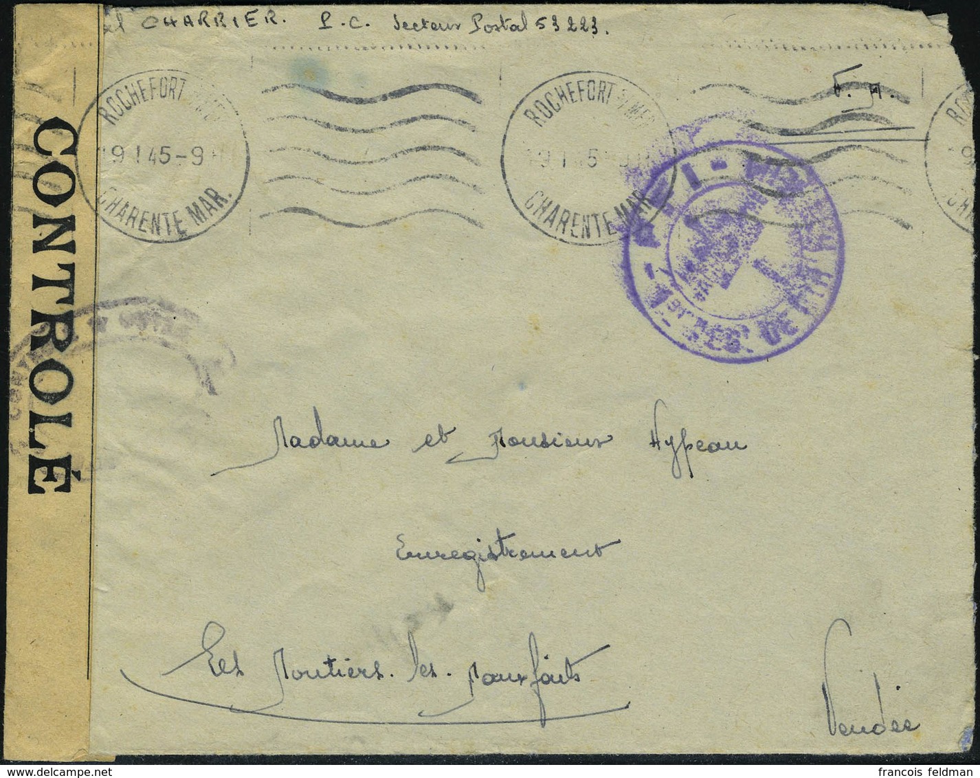 Lettre LA ROCHELLE, L Avec Mention FM Càd Rochefort 9.1.45 Et Cachet FFI 1er Reg De Bir Hakeim, Régiment FFI Blouant La  - Sonstige & Ohne Zuordnung