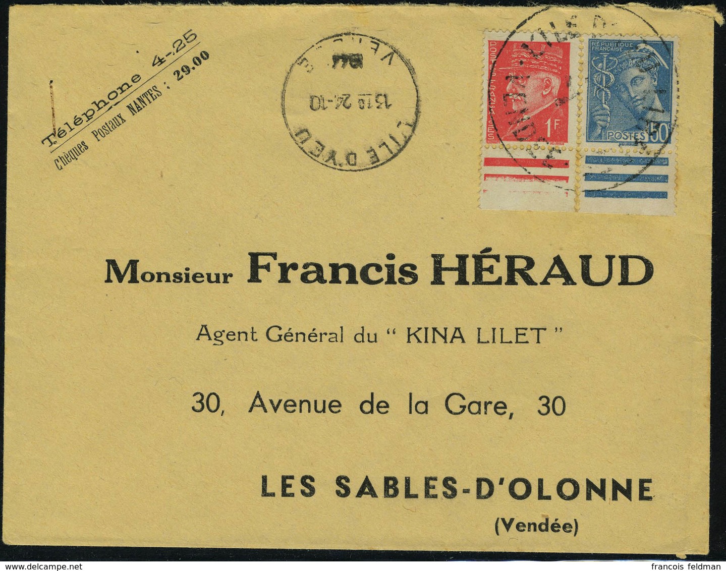 Lettre L'ILE D'YEU, Mayer N° 1 + 3, 50c Mercure Et 1f Rouge Pétain Sur L Càd L'Ile D'Yeu 24.10.1944 Pour Les Sables D'Ol - Sonstige & Ohne Zuordnung