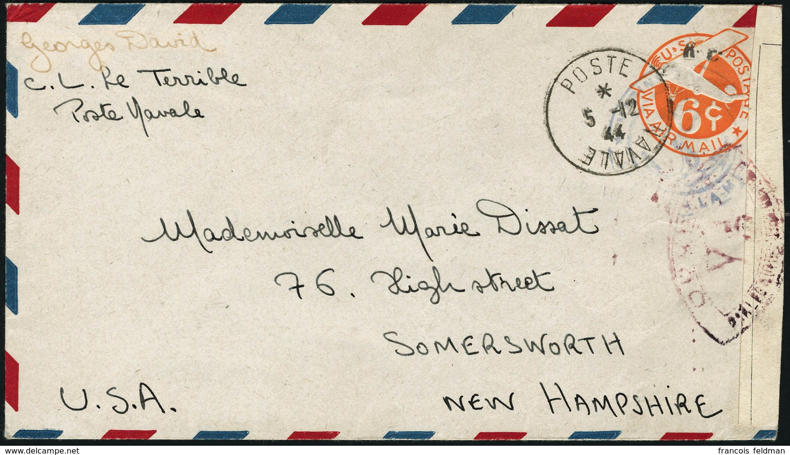 Lettre Entier Postal à 6c US, Avec Surcharge De Casablanca III. CàD Poste Navale 5.12.44 Pour Somersworth (N.H.), USA. C - Sonstige & Ohne Zuordnung