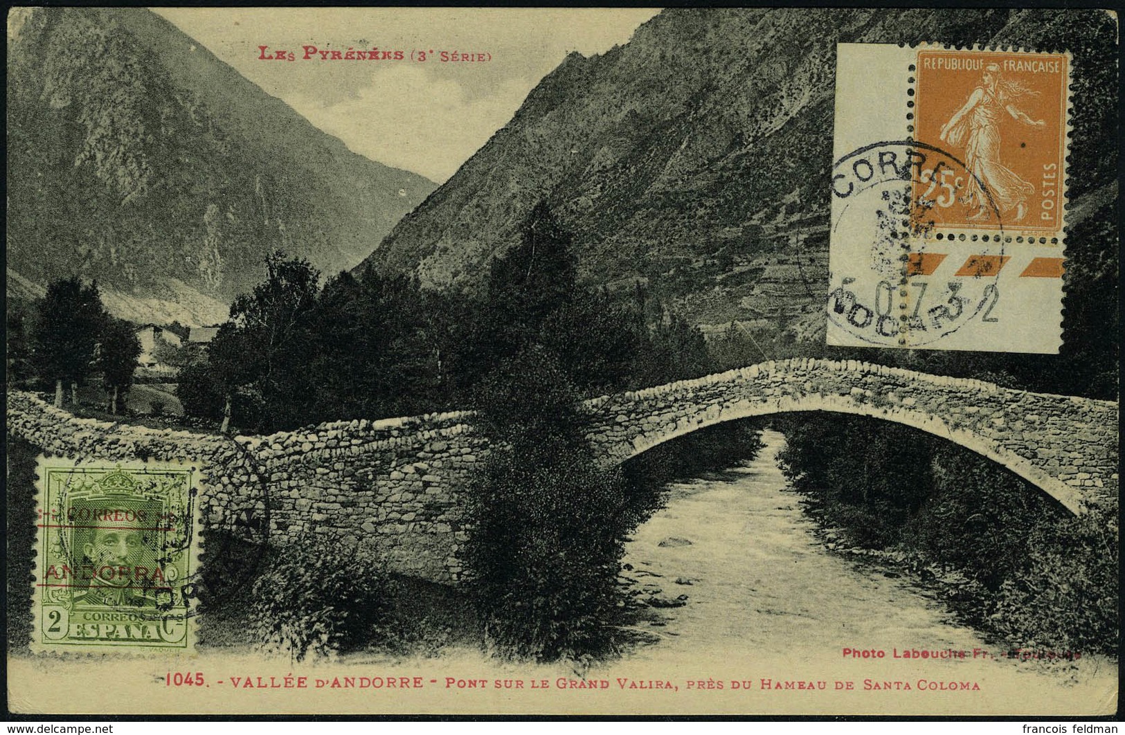 Lettre CP Affranchie    2c Andorre Espagnol + 25c Semeuse Obl Correus Andorra, T.B. - Sonstige & Ohne Zuordnung
