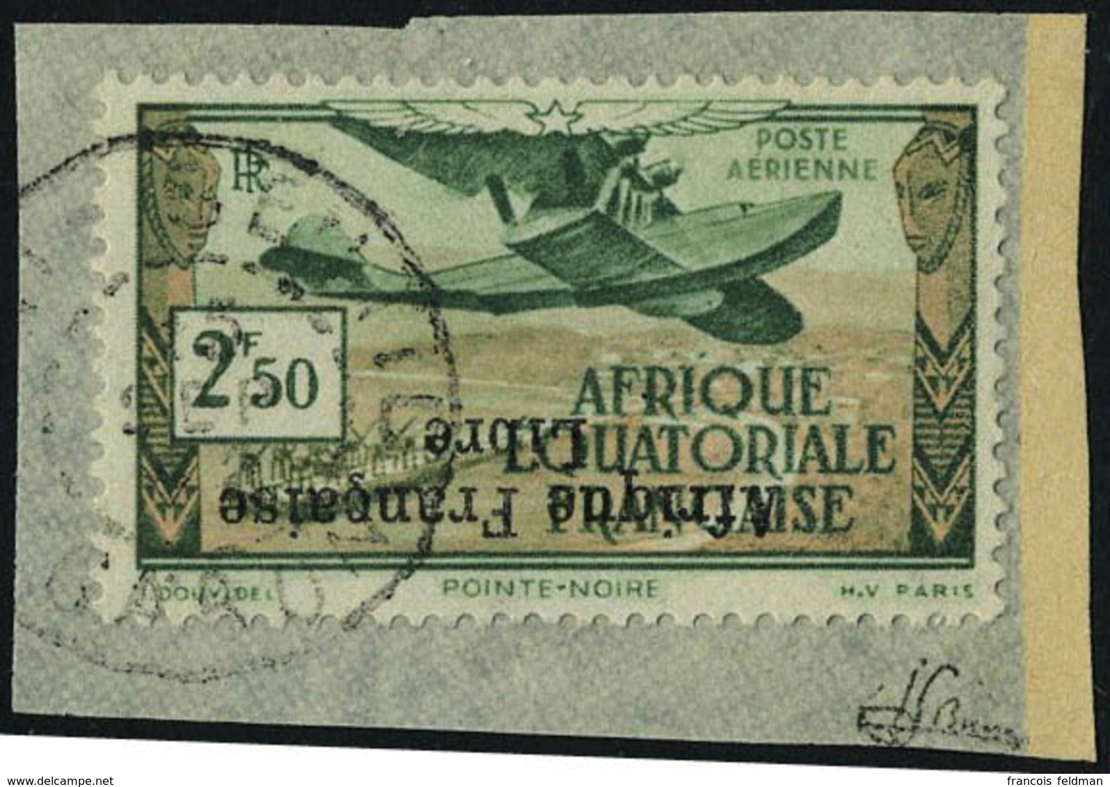 Fragment N° 15a, 2f50 Afrique Francaise Libre, Surcharge Renversée, Obl Sur Petit Fragment, T.B. Signé JF Brun - Sonstige & Ohne Zuordnung